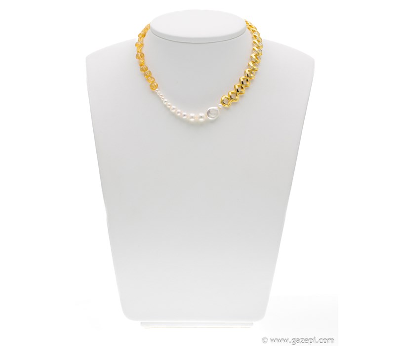 Handcrafted necklace in gold plated silver 925 with white pearls & citrine.