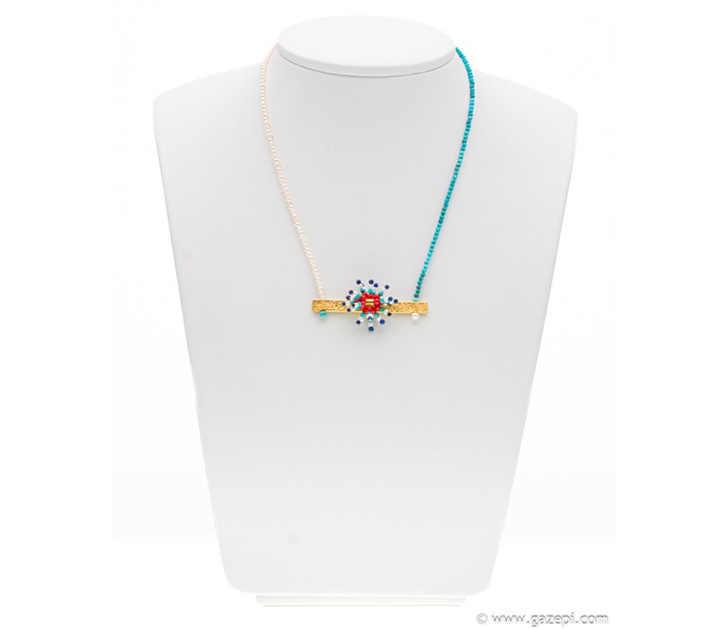 Handcrafted necklace in gold plated silver 925 with white pearls, corals, turquoise & lapis lazuli.